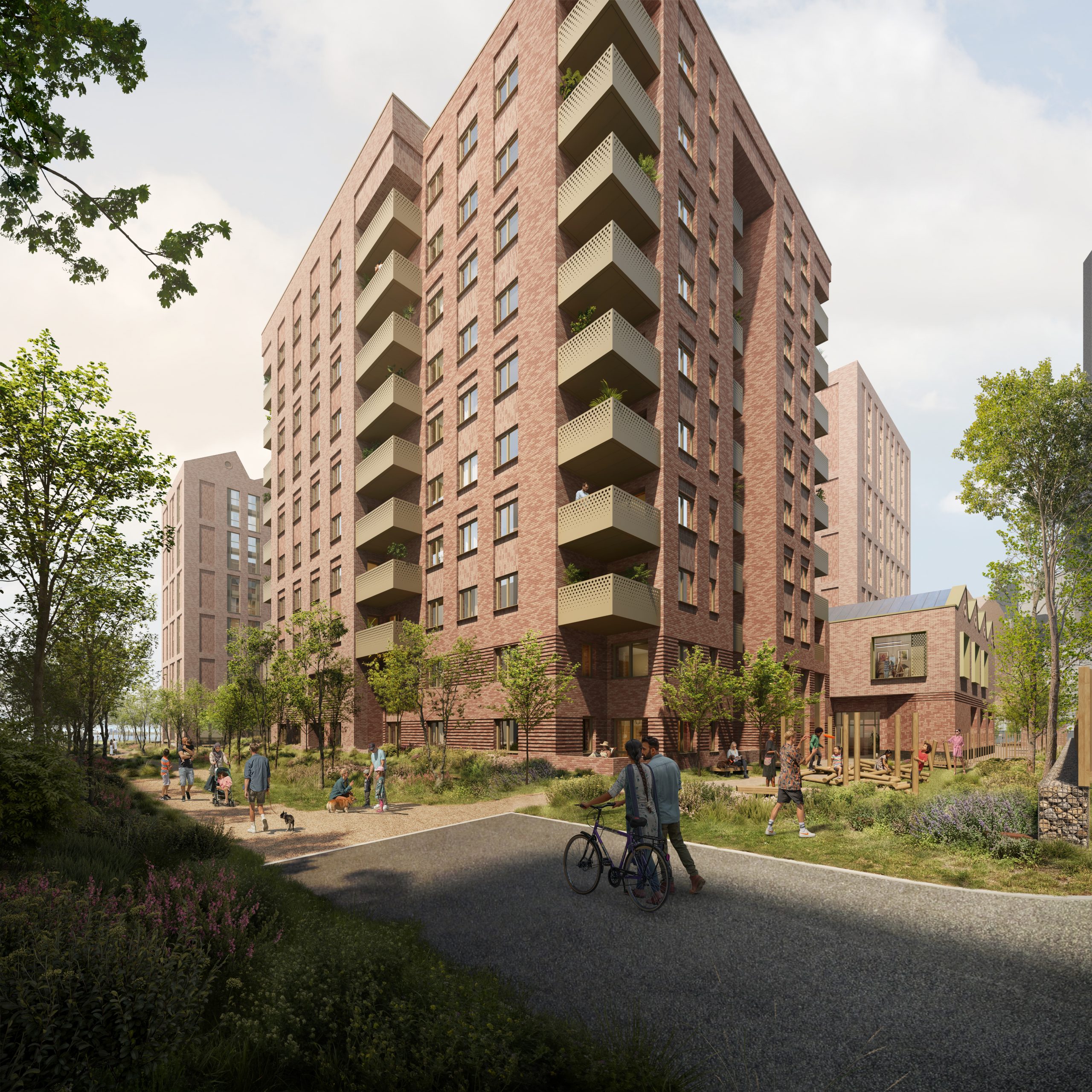 View along Canal Walk towards the affordable apartment block, with a new pocket park creating a landscaped transition to the two-storey industrial building and strengthening connections through the site.