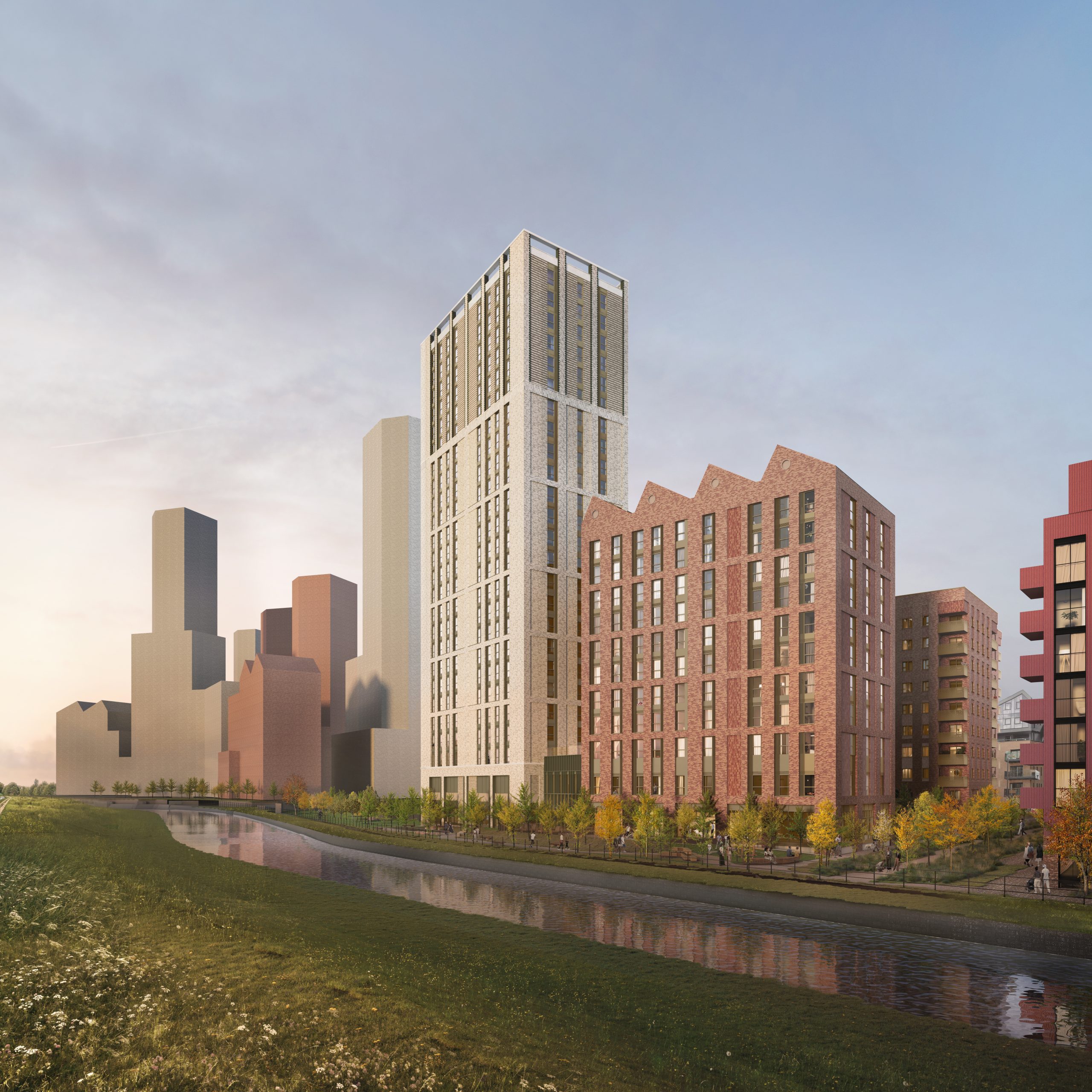View from Walthamstow Wetlands showing how the development responds to surrounding and emerging buildings. The taller elements are linked by a lower two-storey section, breaking up the massing and creating a welcoming entrance.