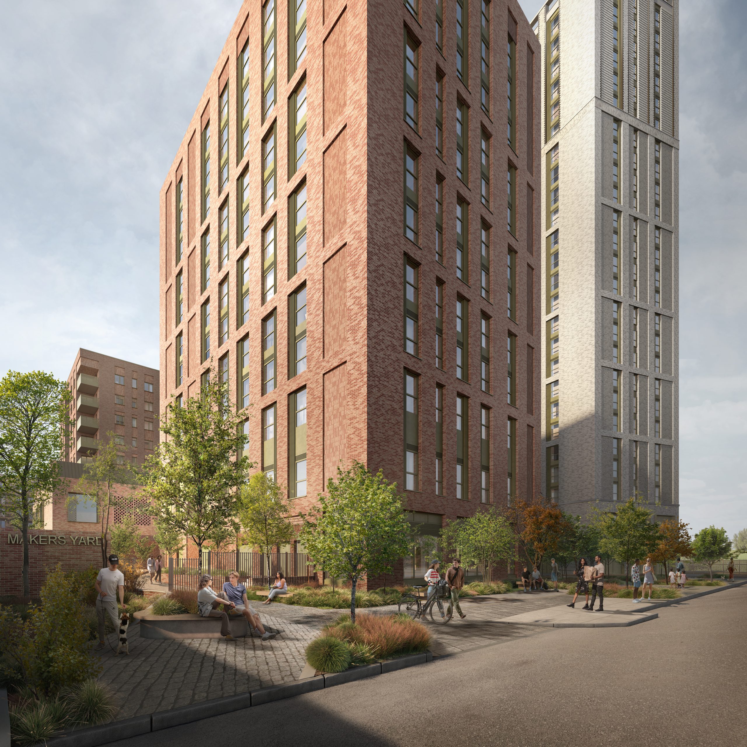 The Makers Yard links the affordable workspace with nearby commercial uses, creating a flexible external space that activates Priestley Way and provides outdoor amenity.