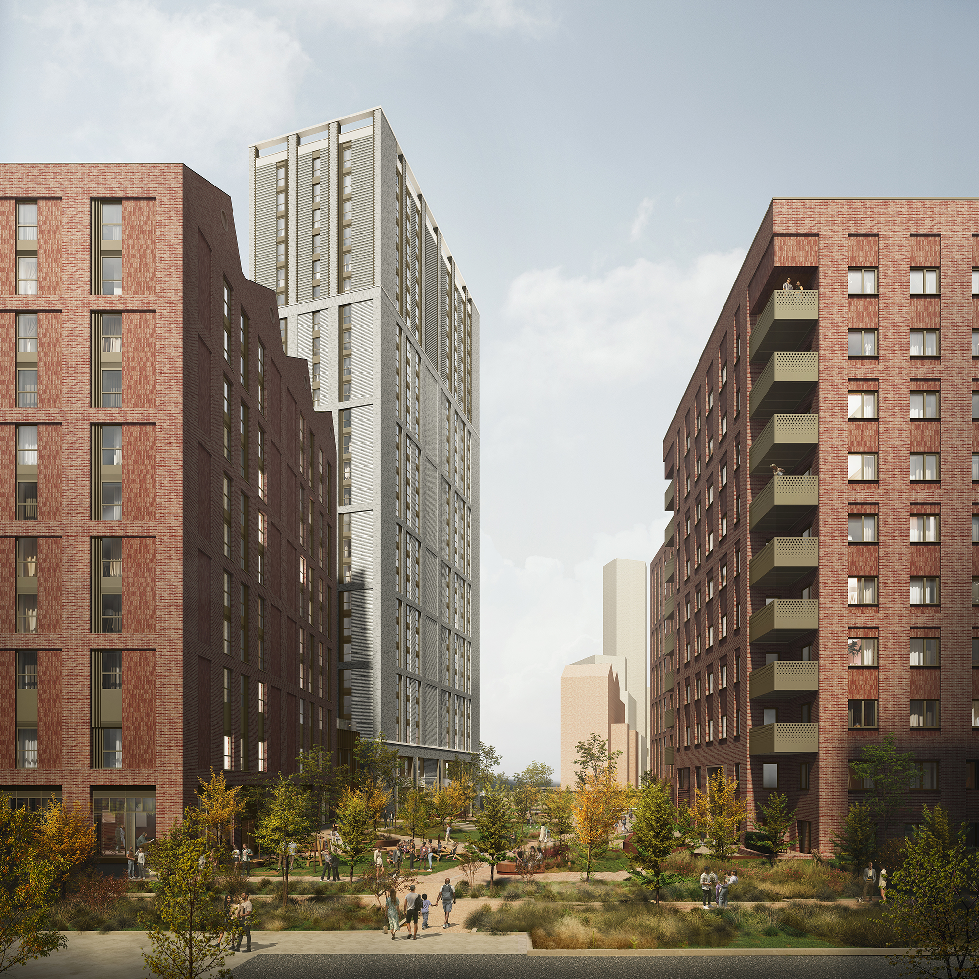 View north along the central public realm route between the student accommodation and affordable homes. The landscaped route connects existing homes to future development, with new trees, play space and clear pedestrian access.